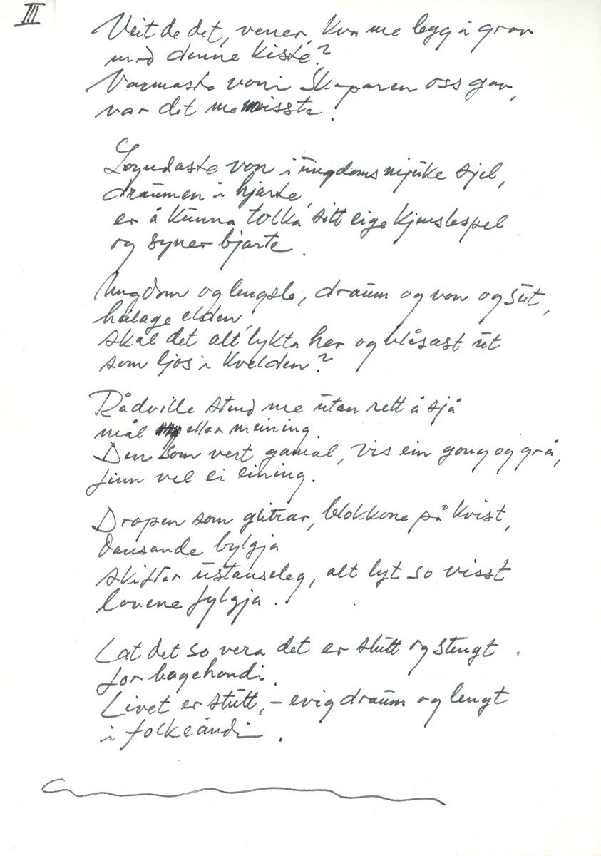 Andre del av den handskrivne diktsamlinga "Glør i oska" av Olav H. Hauge.