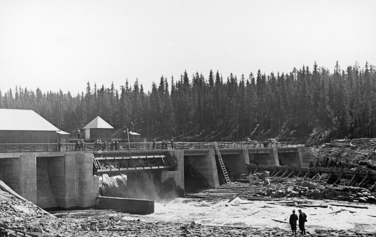 Fra første tapping gjennom Osdammen, den nye reguleringsdammen som ble innviet ved utløpet av Osensjøen ved Valmen i Nordre Osen i Åmot, Hedmark i 1939. Fotografiet er tatt i motstrøms retning, mot en betongdam der vannet og tømmerstokkene fra innsjøen rant over en terskel og ned i elva Søndre Osa, der fløtingsvirket i første omgang ble liggende i et strømkav. Ettersom dette fotografiet ble tatt den første dagen dammen var i drift, var en del mann samlet på dambrua for å se hvordan anlegget fungerte.

Dammen ble bygd  for å kunne kontrollere vannstrømmen ut fra Osensjøen, dels for å hindre skadeflommer i den nærmest nedenforliggende delen av vassdraget og for å kunne forsyne nedenforliggende kraftverk med nødvendig vann også i lavvannsperiodene på ettervinteren og tidlig i vårsesongen.

Damprosjektet skapte også muligheter for ei bru som åpnet for gjennomgangstrafikk langs Osensjøens vestside. Etter forhandlinger med Glommen og Laagens brukseierforening om veg på damkrona vedtok fylkesvegstyret i 1937 å betale de merutgiftene dette var kalkulert å ville påførte utbyggerne – 12 010 kroner – over tre år. 

Mer informasjon om hvordan denne reguleringssaken ble fremmet finnes under fanen «Opplysninger».