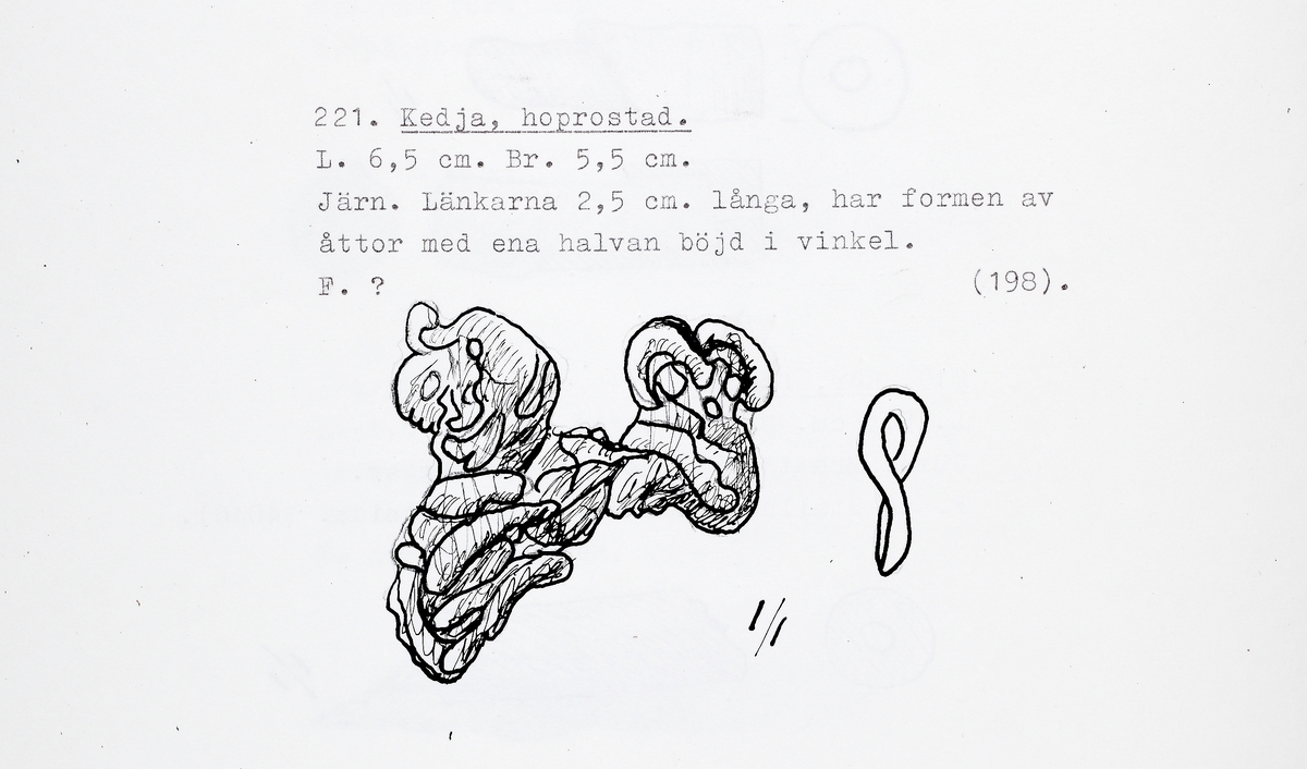 Hoprostad kedja med 2,5 cm långa länkar. Dessa har formen av åttor med ena halvan böjd i vinkel.