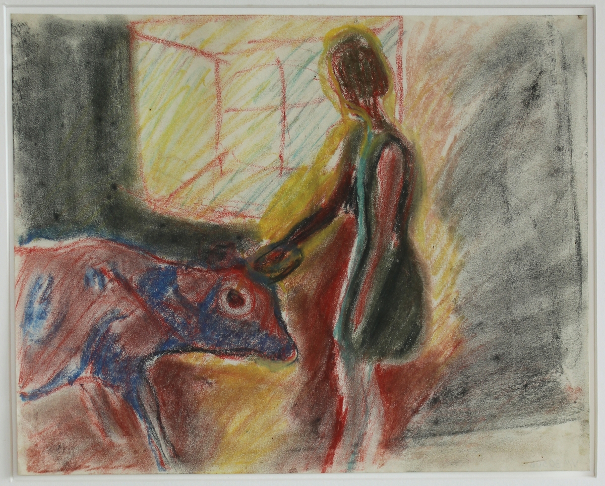 Flicka som klappar en ko i ladugården (Sara Derkert).