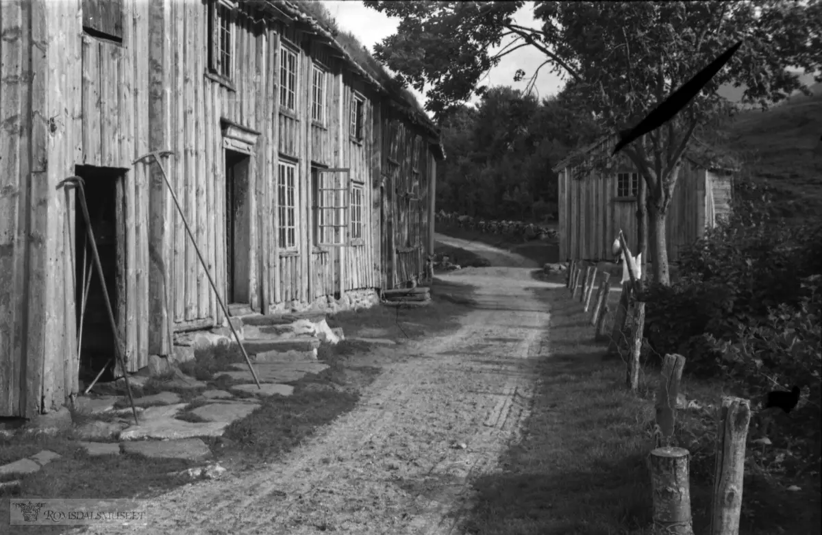 Pålgarden, Lange, Vistdalen gnr. 114/6. .I bakgrunnen t.h. eit kombinert eldhus og verkstad. Hovedhuset er bygd i tre omganger og gulvene var derfor i tre nivåer. .Det gamle tunet på garden er vist Randi Ingunn Selnes: Gards- og ættesoge for Nesset. Bind 11, s. 80. Det vart bygd nytt hus på garden i 1956..