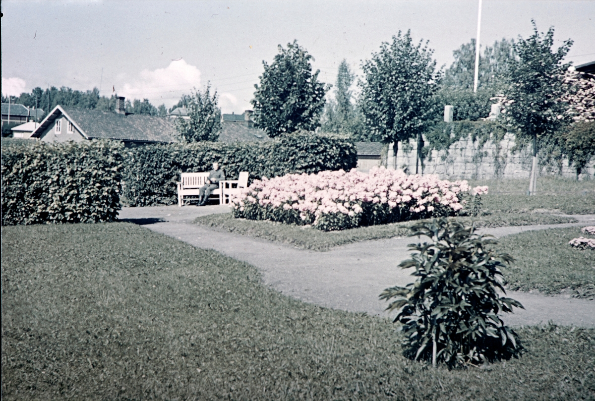 Bryggeriparken, Kokeriparken, Storhamargata, Hamar. Tysk soldat på benk. 2.verdenskrig, krigen. Parkanlegg, beblantning.
