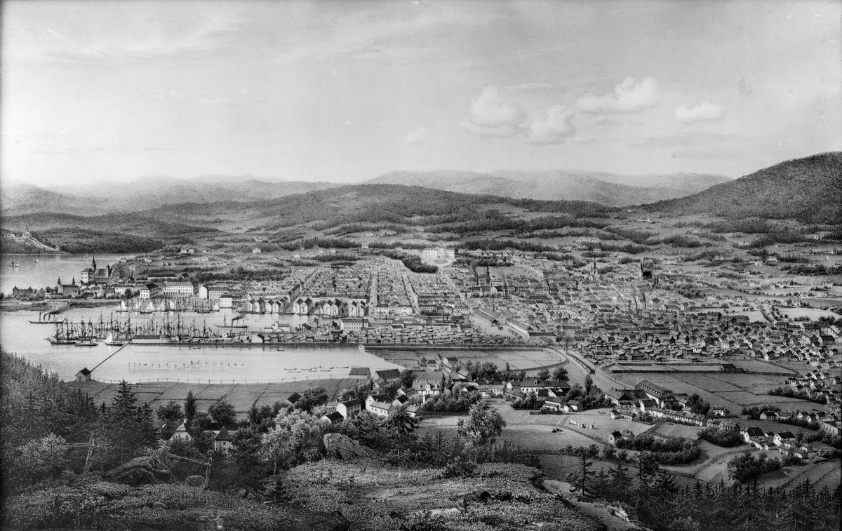 Tegning av utsikten over Oslo (Christiania) fra Ekebergåsen