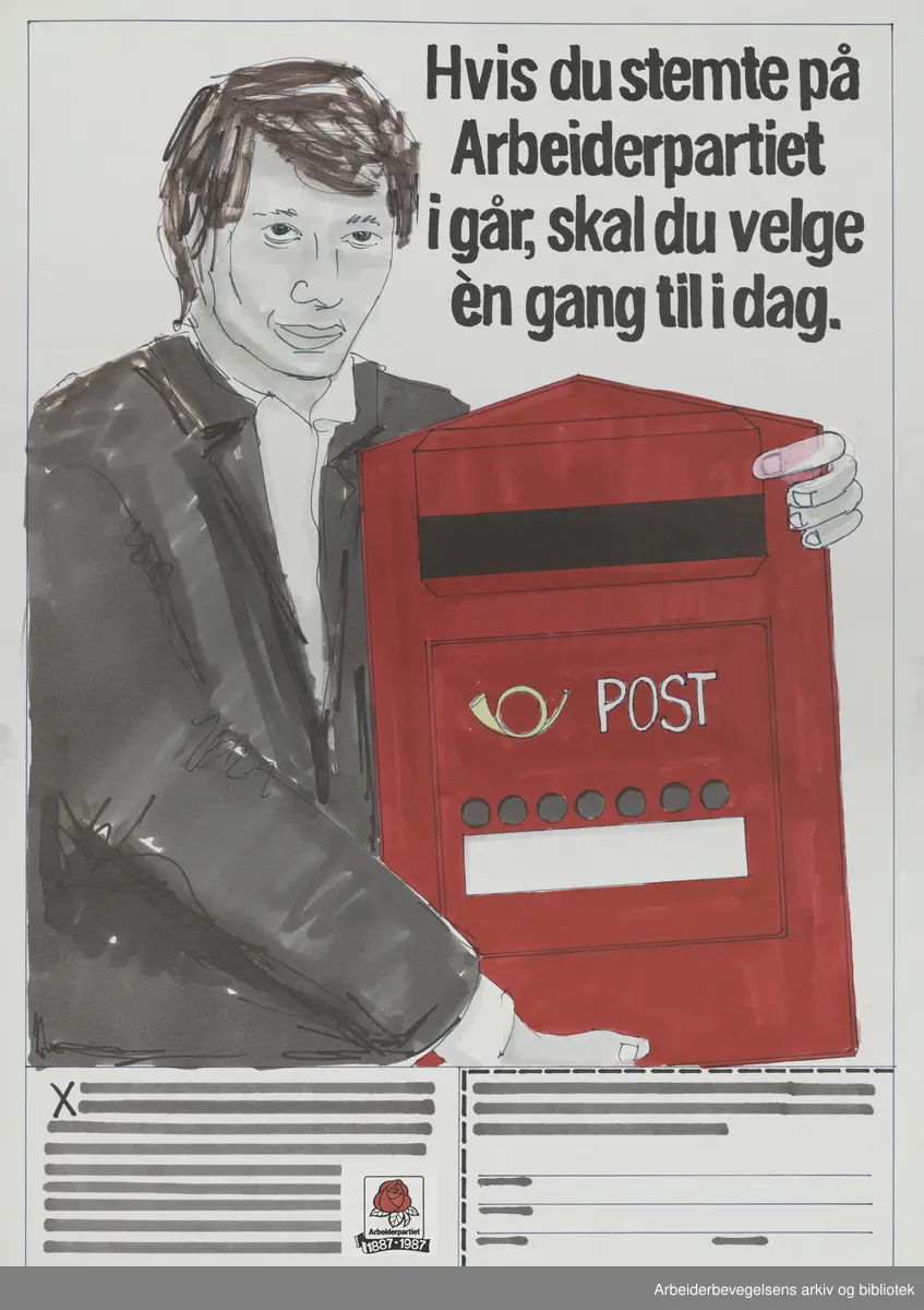 Plakat DNA. Hvis du stemte på Arbeiderpartiet i går, skal du velg en gang til idag. Dette er en original håndtegnet skisse til en medlemsverving- kampanje i Arbeiderbladet og Aftenposten aften. Format: 42x30 cm