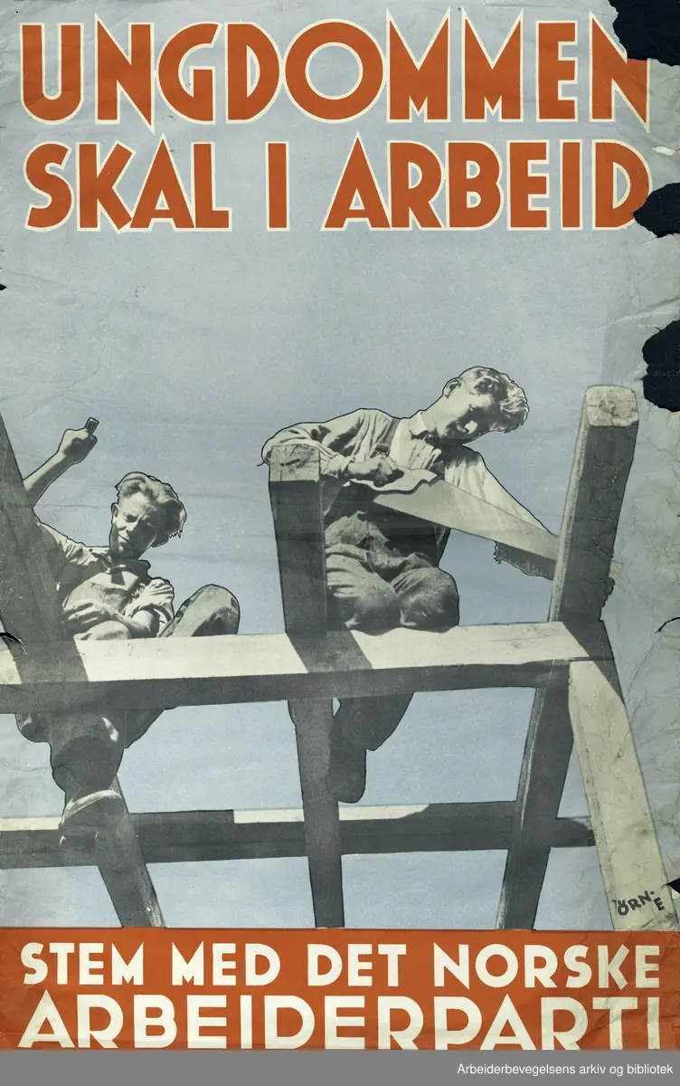 Plakat DNA. UNGDOMMEN SKAL I ARBEID.Stem med Det norske Arbeiderparti, Stortingsvalget 1936..Format: 60x38 cm