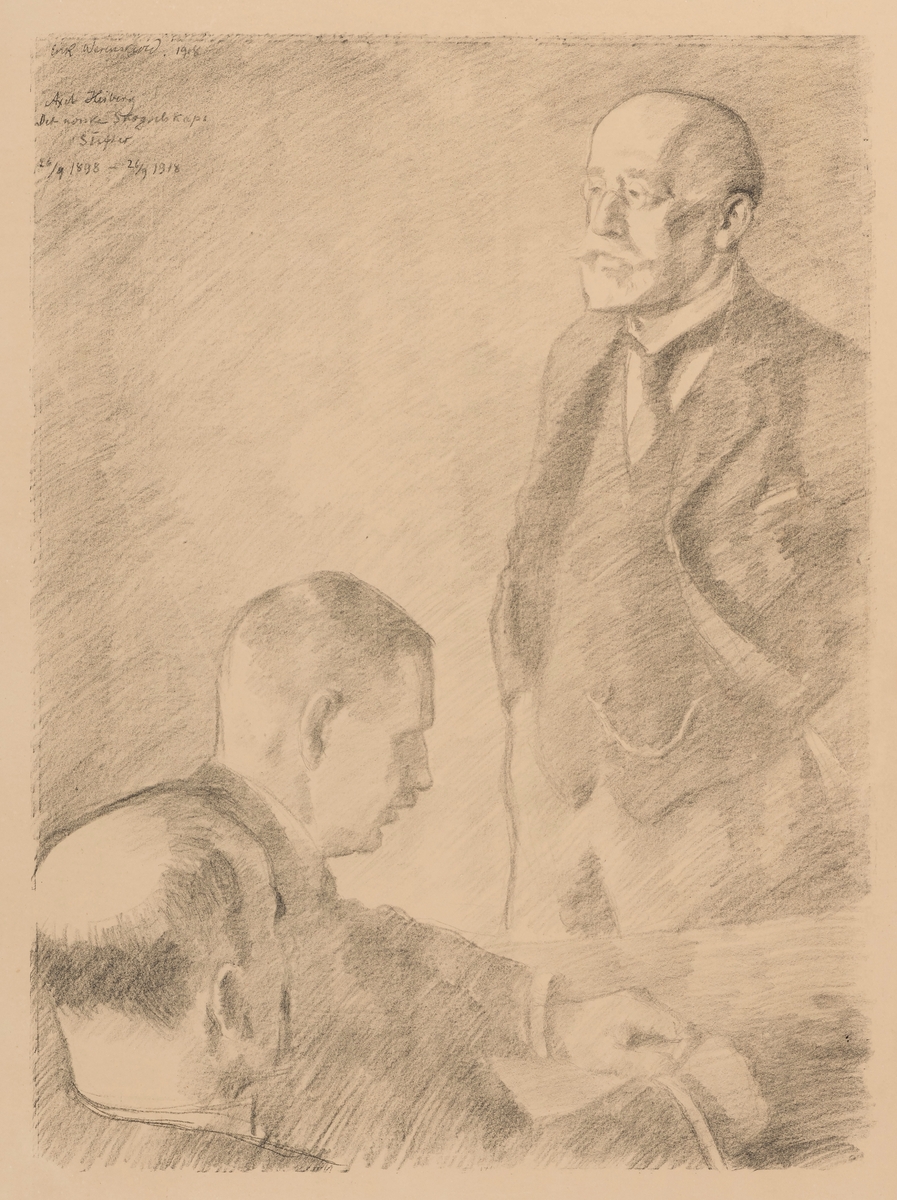 Axel Heiberg står til høyre i motivet, to menn sitter i forgrunnen ved ett bord.

"Litografiet ble laget til 20-års markeringen for Det norske skogselskap. Axel Heiberg var Skogselskapets stifter 26.9.1898 " (Anny B. Fremmerlid, "Erik Werenskiolds grafikk: raderinger og litografier", 2016)