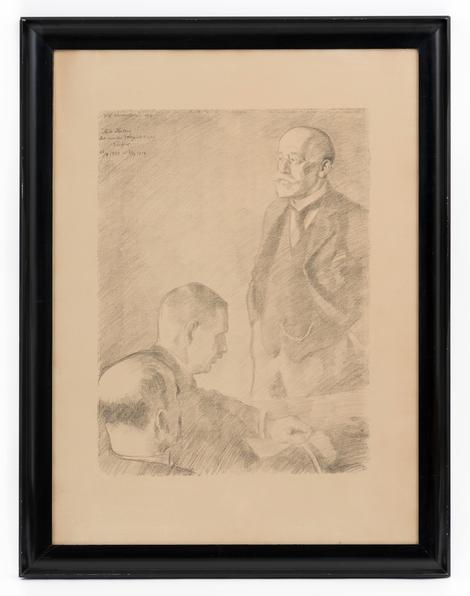 Axel Heiberg står til høyre i motivet, to menn sitter i forgrunnen ved ett bord.

"Litografiet ble laget til 20-års markeringen for Det norske skogselskap. Axel Heiberg var Skogselskapets stifter 26.9.1898 " (Anny B. Fremmerlid, "Erik Werenskiolds grafikk: raderinger og litografier", 2016)