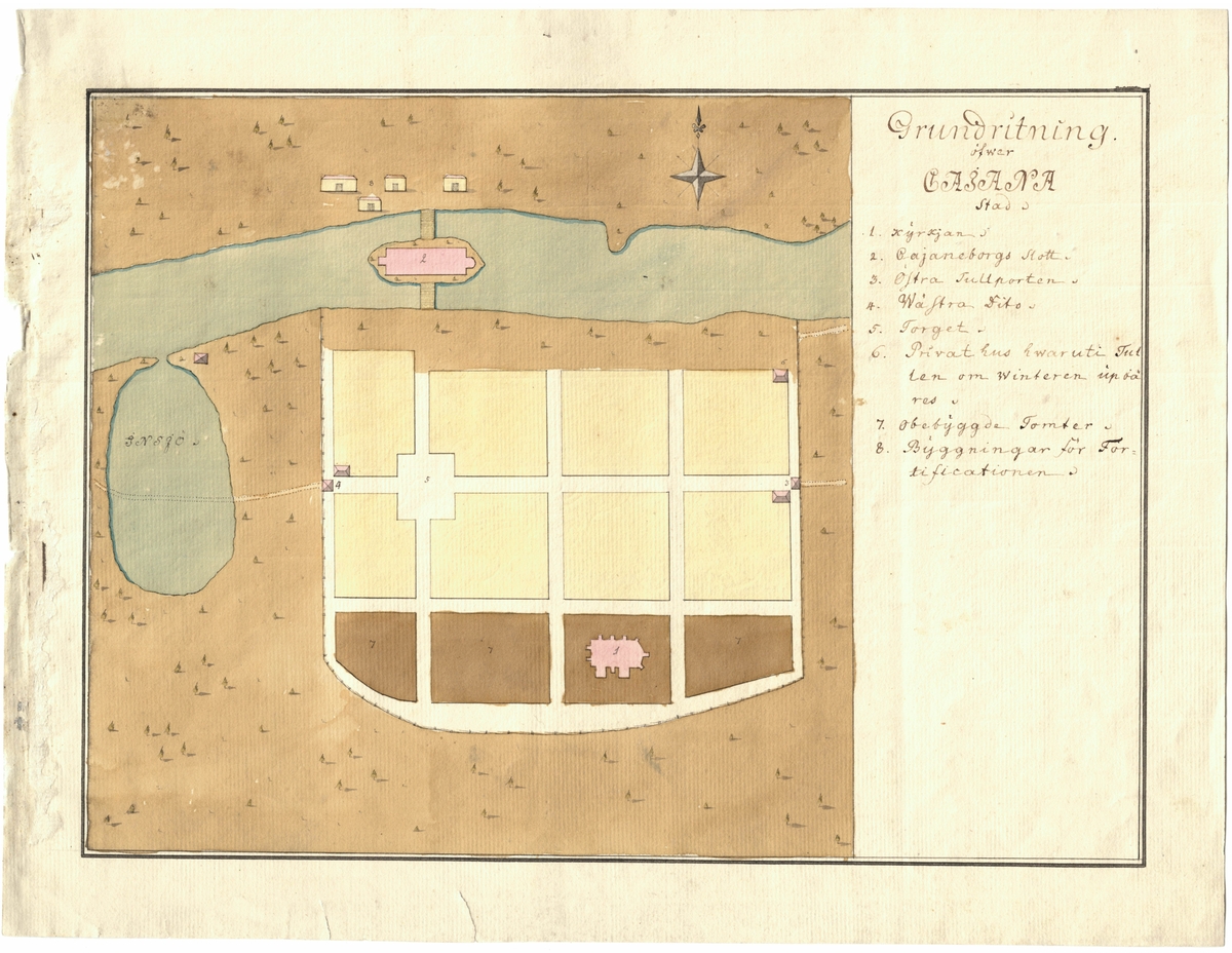Ritning över Kajana stad i Finland. Från mitten av 1700-talet. Ritad för hand och färglagd.