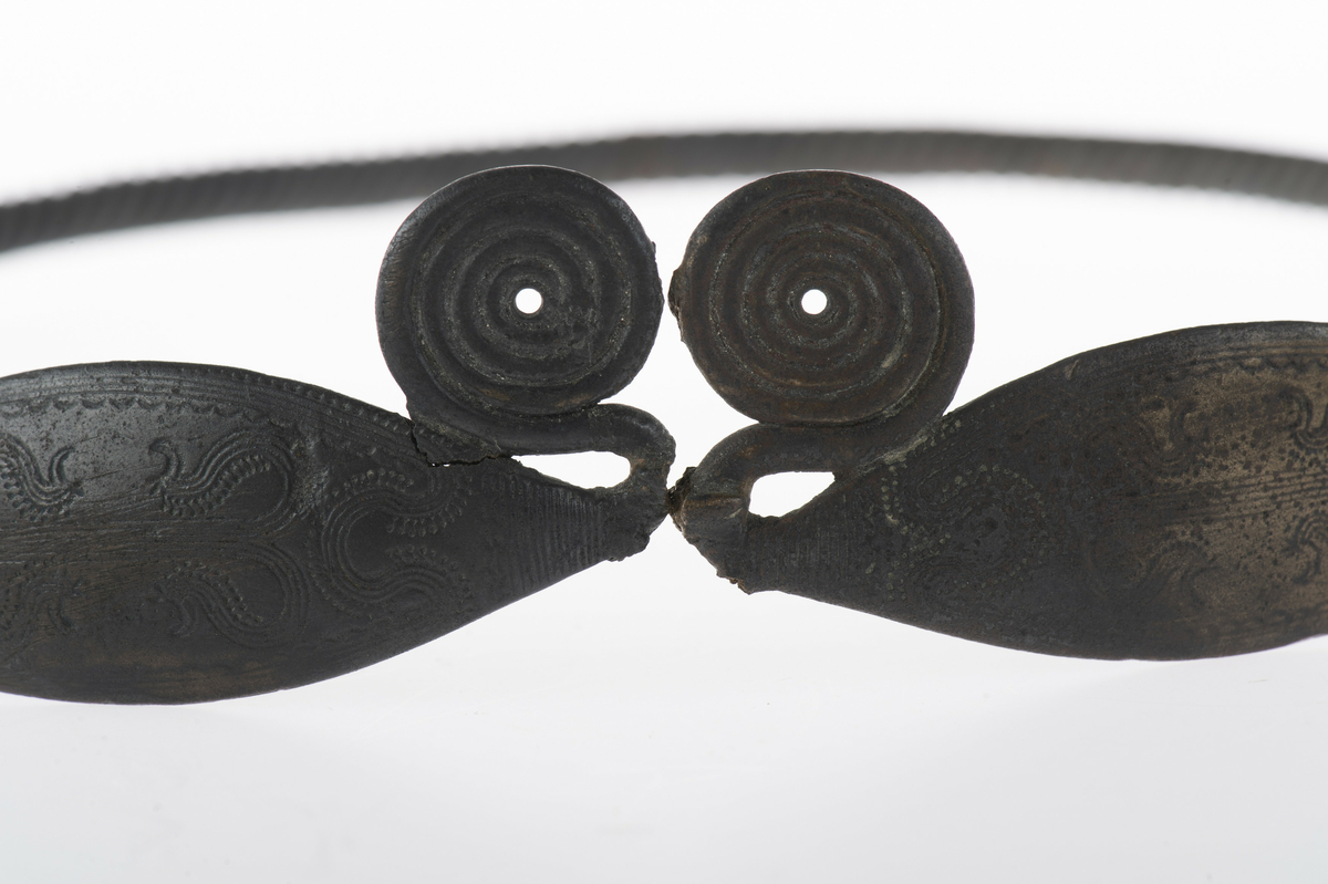Vriden ring med ovala, böljebandsdekorerade ändplattor som avslutas med spiralupprullningar. Av i hopfogningen mitt emellan spiralupprullningarna, spricka i ringen på motsatta sidan.