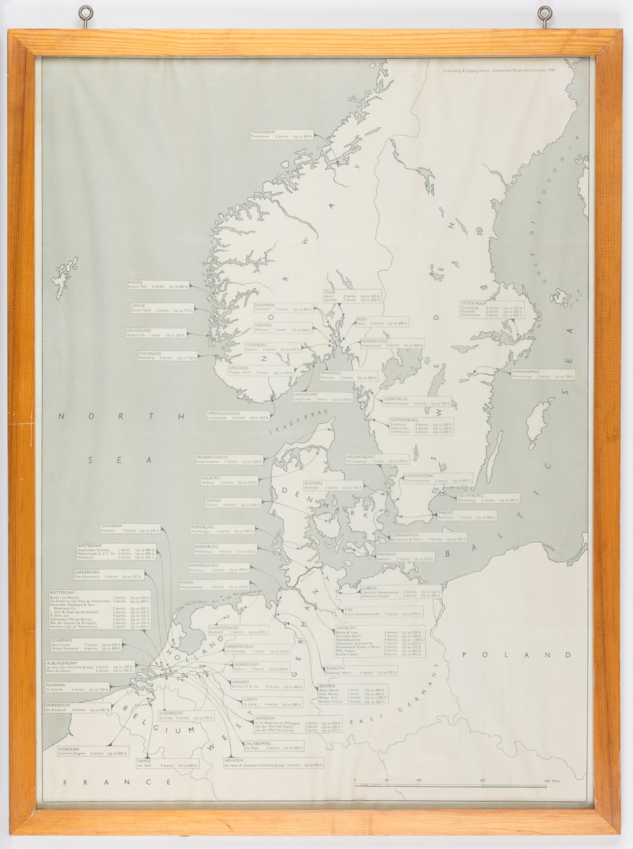 Trykket kart over nord-Europa med anmerkning av skipsverft og skipsbyggingsverksteder. Innrammet.