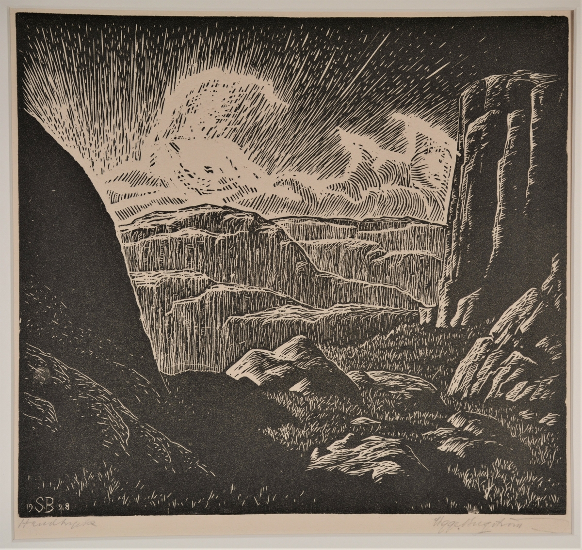 "Berglandskap, Tjörn" [Träsnitt]