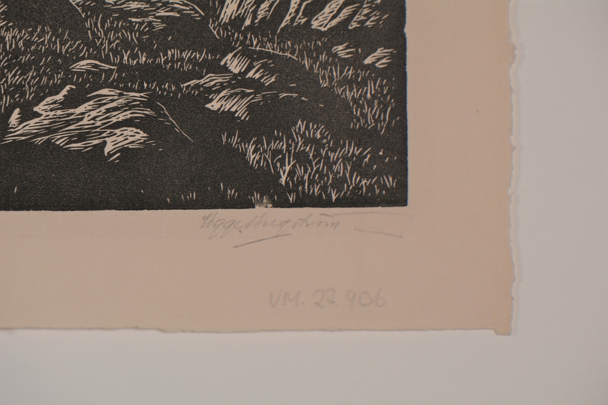 "Berglandskap, Tjörn" [Träsnitt]