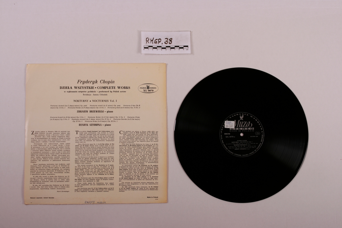 Grammofonplate i svart vinyl og plateomslag i papp. Plata ligger i en plastlomme.
