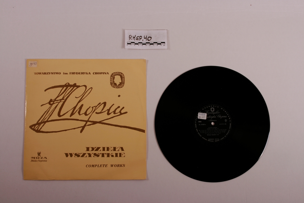 Grammofonplate i svart vinyl og plateomslag i papp. Plata ligger i en plastlomme.
