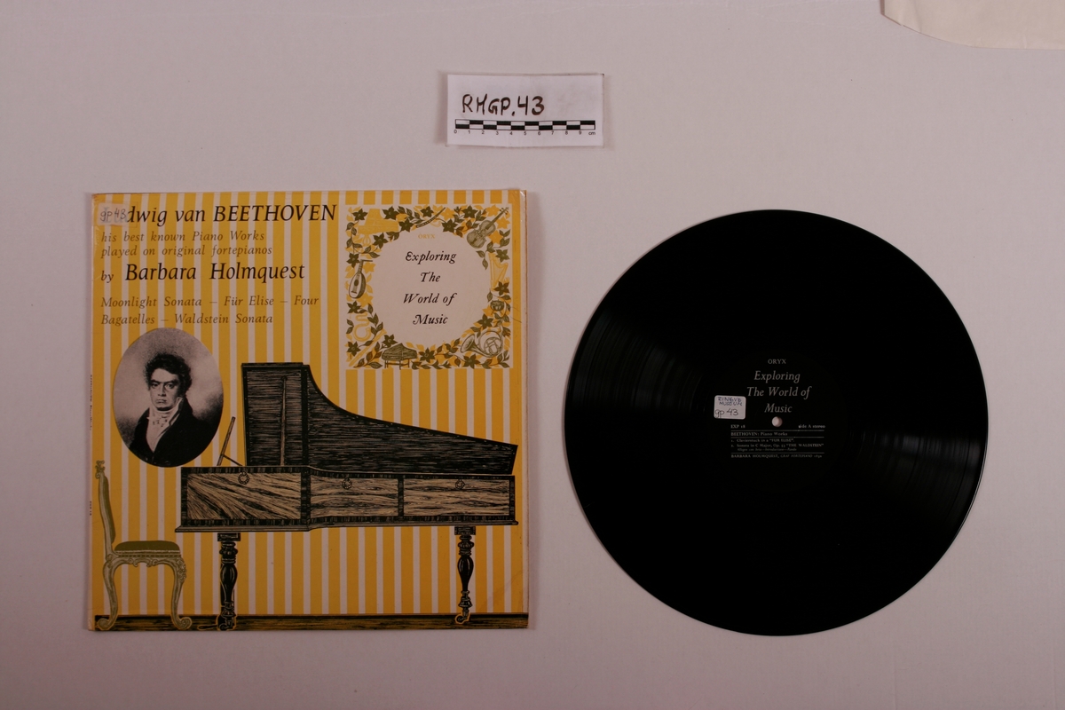 Grammofonplate i svart vinyl og plateomslag i papp. Plata ligger i en papirlomme.