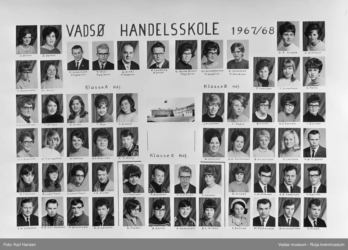 Avgangselever Vadsø Handelsskole 1967/68. Portrettsamling elever og lærere.
