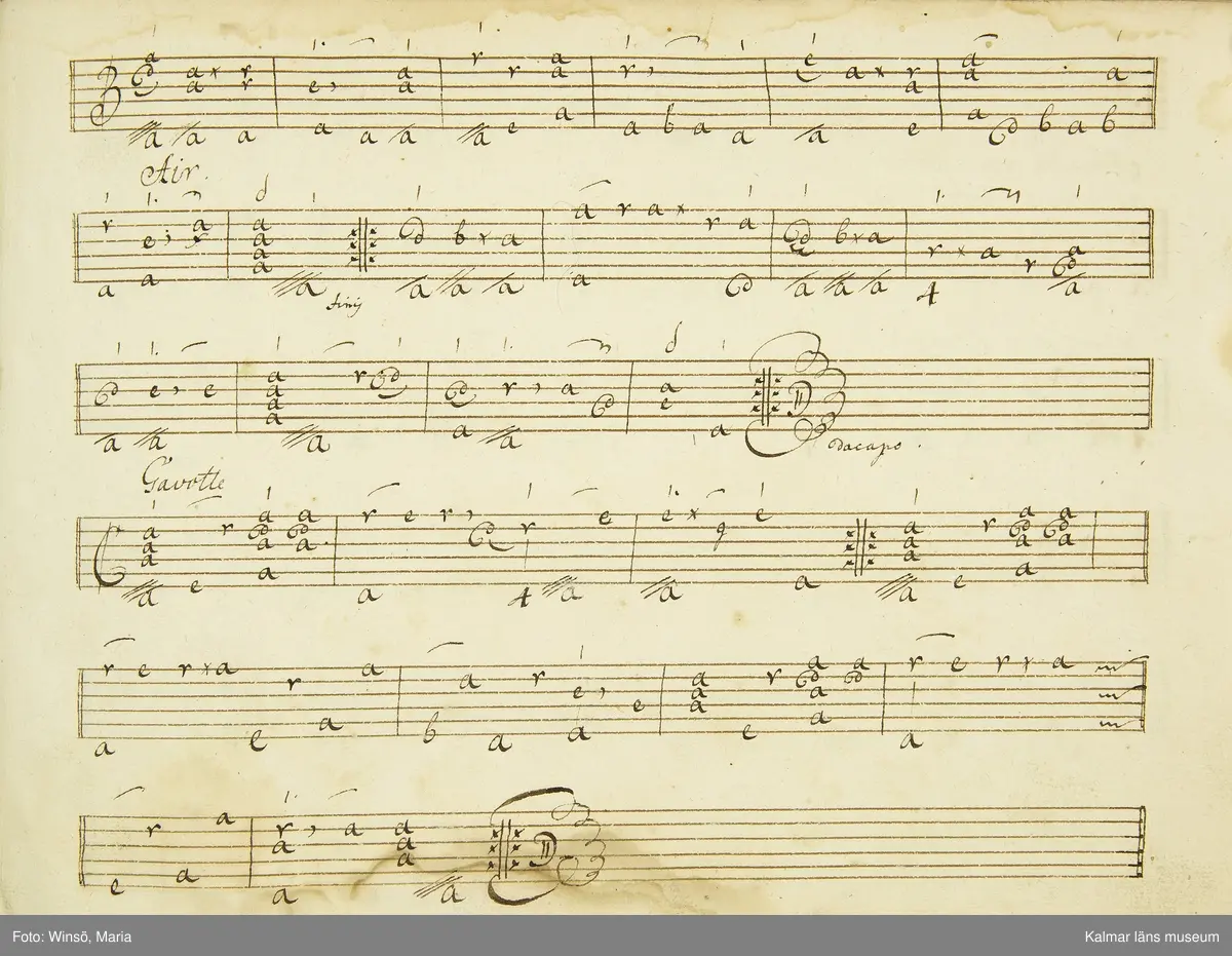 KLM 21068. Notbok, handskrift. 34 blad (68 sidor). Tvärformat. Brunt helt skinnband med präglad gulddekor på ryggen. På pärmens insida en namnteckning: O:F:Stålhammar, samt påklistrad reklametikett i kopparstick för pappershandlare Maingueneau i Paris 1697. På försättsbladet stämplat i svart med Stålhammarska vapnet. 

Handskriften påbörjad från bokens båda sidor. Den första delen består av tabulaturer för barockluta (bild 8-30 illustrerar denna del av boken). På försättsbladet till andra delen av boken: A la Viole de Gambe samt Otto Fried Stålhammar (bild 31 och framåt illustrerar denna delen av boken).