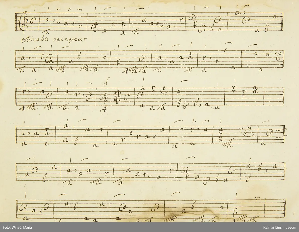 KLM 21068. Notbok, handskrift. 34 blad (68 sidor). Tvärformat. Brunt helt skinnband med präglad gulddekor på ryggen. På pärmens insida en namnteckning: O:F:Stålhammar, samt påklistrad reklametikett i kopparstick för pappershandlare Maingueneau i Paris 1697. På försättsbladet stämplat i svart med Stålhammarska vapnet. 

Handskriften påbörjad från bokens båda sidor. Den första delen består av tabulaturer för barockluta (bild 8-30 illustrerar denna del av boken). På försättsbladet till andra delen av boken: A la Viole de Gambe samt Otto Fried Stålhammar (bild 31 och framåt illustrerar denna delen av boken).