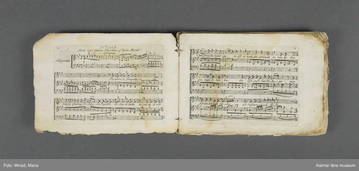 KLM 21069:1. Notbok, tryck. Av papper. På omslaget: Musikaliskt Tidsfördrif för år 1802. Stockholm och Kongl. Priviligierade Not-Tryckeriet. Tvärformat. Sidor 77-80 saknas. Kompositioner av bl.a. Naumann, Della-Maria, Åhlström.