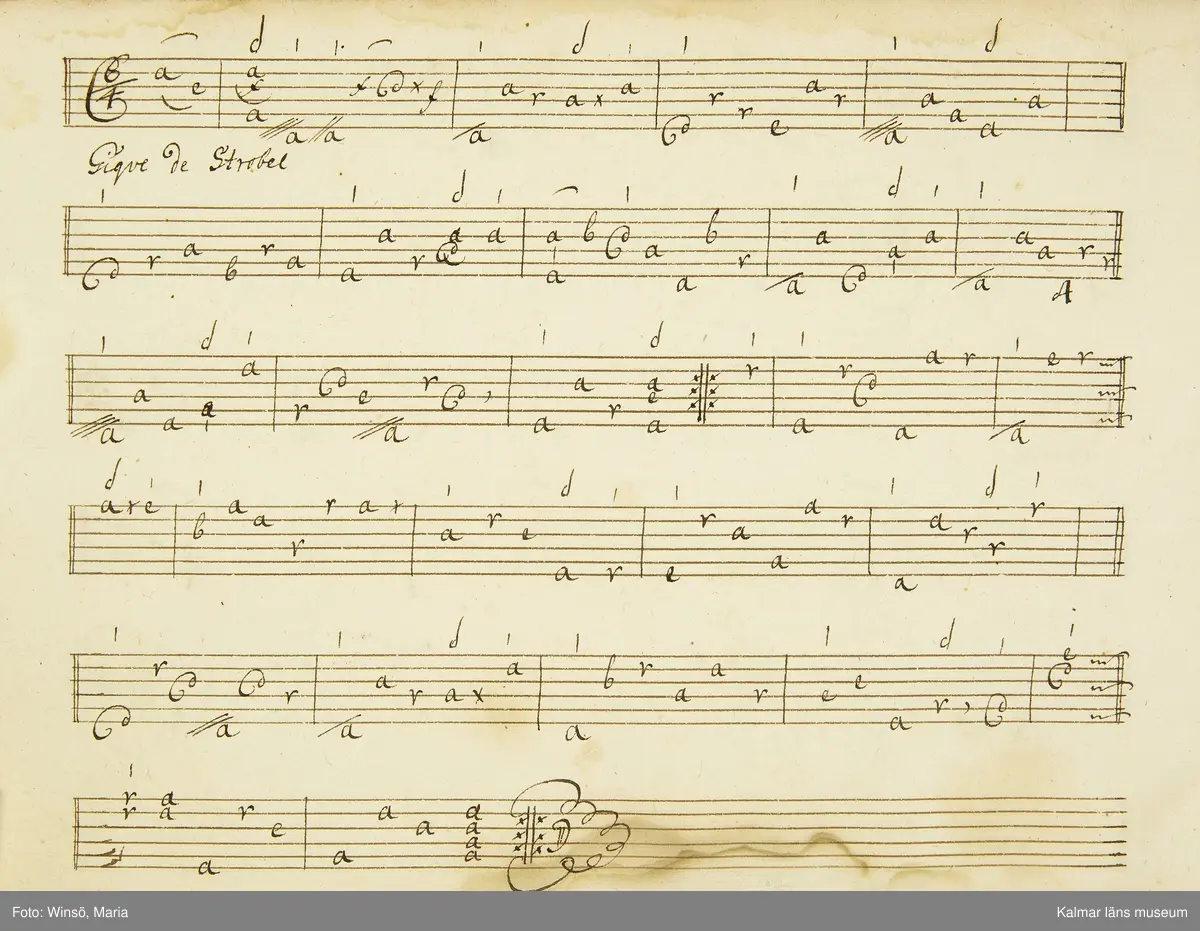 KLM 21068. Notbok, handskrift. 34 blad (68 sidor). Tvärformat. Brunt helt skinnband med präglad gulddekor på ryggen. På pärmens insida en namnteckning: O:F:Stålhammar, samt påklistrad reklametikett i kopparstick för pappershandlare Maingueneau i Paris 1697. På försättsbladet stämplat i svart med Stålhammarska vapnet. 

Handskriften påbörjad från bokens båda sidor. Den första delen består av tabulaturer för barockluta (bild 8-30 illustrerar denna del av boken). På försättsbladet till andra delen av boken: A la Viole de Gambe samt Otto Fried Stålhammar (bild 31 och framåt illustrerar denna delen av boken).