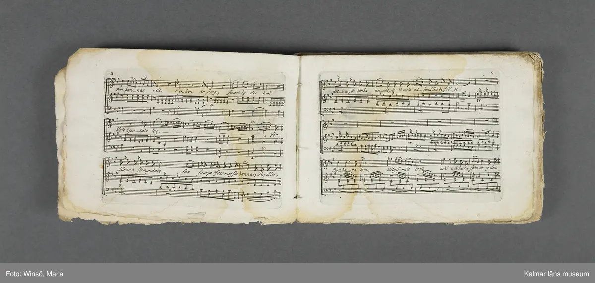 KLM 21069:1. Notbok, tryck. Av papper. På omslaget: Musikaliskt Tidsfördrif för år 1802. Stockholm och Kongl. Priviligierade Not-Tryckeriet. Tvärformat. Sidor 77-80 saknas. Kompositioner av bl.a. Naumann, Della-Maria, Åhlström.