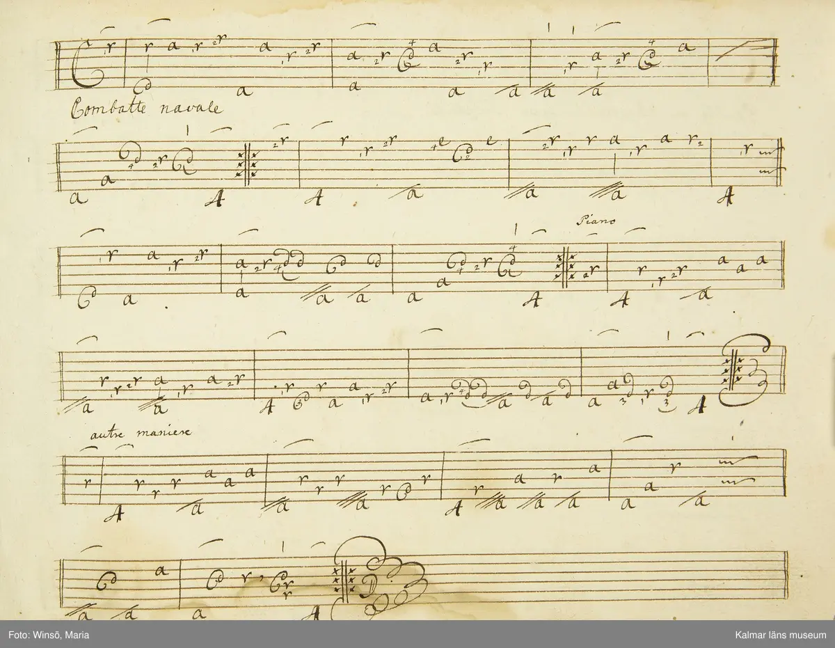 KLM 21068. Notbok, handskrift. 34 blad (68 sidor). Tvärformat. Brunt helt skinnband med präglad gulddekor på ryggen. På pärmens insida en namnteckning: O:F:Stålhammar, samt påklistrad reklametikett i kopparstick för pappershandlare Maingueneau i Paris 1697. På försättsbladet stämplat i svart med Stålhammarska vapnet. 

Handskriften påbörjad från bokens båda sidor. Den första delen består av tabulaturer för barockluta (bild 8-30 illustrerar denna del av boken). På försättsbladet till andra delen av boken: A la Viole de Gambe samt Otto Fried Stålhammar (bild 31 och framåt illustrerar denna delen av boken).