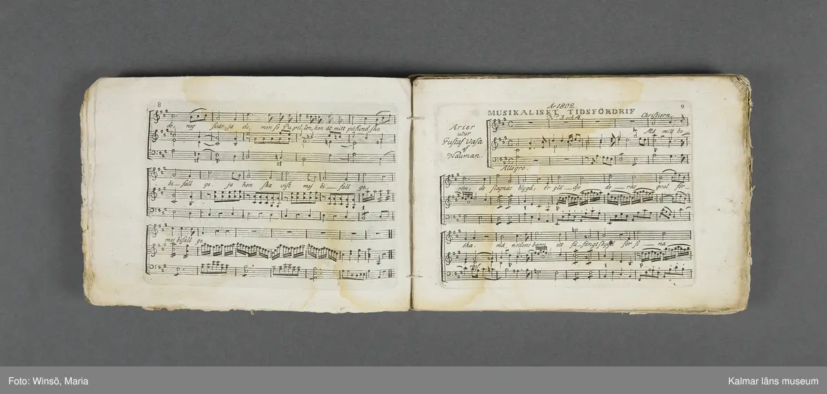 KLM 21069:1. Notbok, tryck. Av papper. På omslaget: Musikaliskt Tidsfördrif för år 1802. Stockholm och Kongl. Priviligierade Not-Tryckeriet. Tvärformat. Sidor 77-80 saknas. Kompositioner av bl.a. Naumann, Della-Maria, Åhlström.