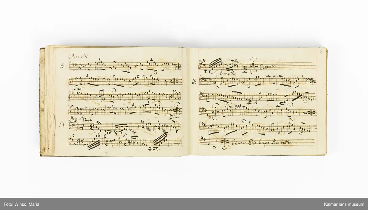 KLM 21071. Notbok, handskrift. Tvärformat. Helt skinnband med marmorering samt guldpräglade dekorelement. På pärmens framsida: VIOLINO PRIMO. På försättsbladet: I:N:J:C. samt Adam Lorentz Stålhammar ao 1773. Därefter handskrivna kompositioner, menuetter.