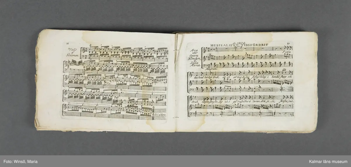 KLM 21069:1. Notbok, tryck. Av papper. På omslaget: Musikaliskt Tidsfördrif för år 1802. Stockholm och Kongl. Priviligierade Not-Tryckeriet. Tvärformat. Sidor 77-80 saknas. Kompositioner av bl.a. Naumann, Della-Maria, Åhlström.