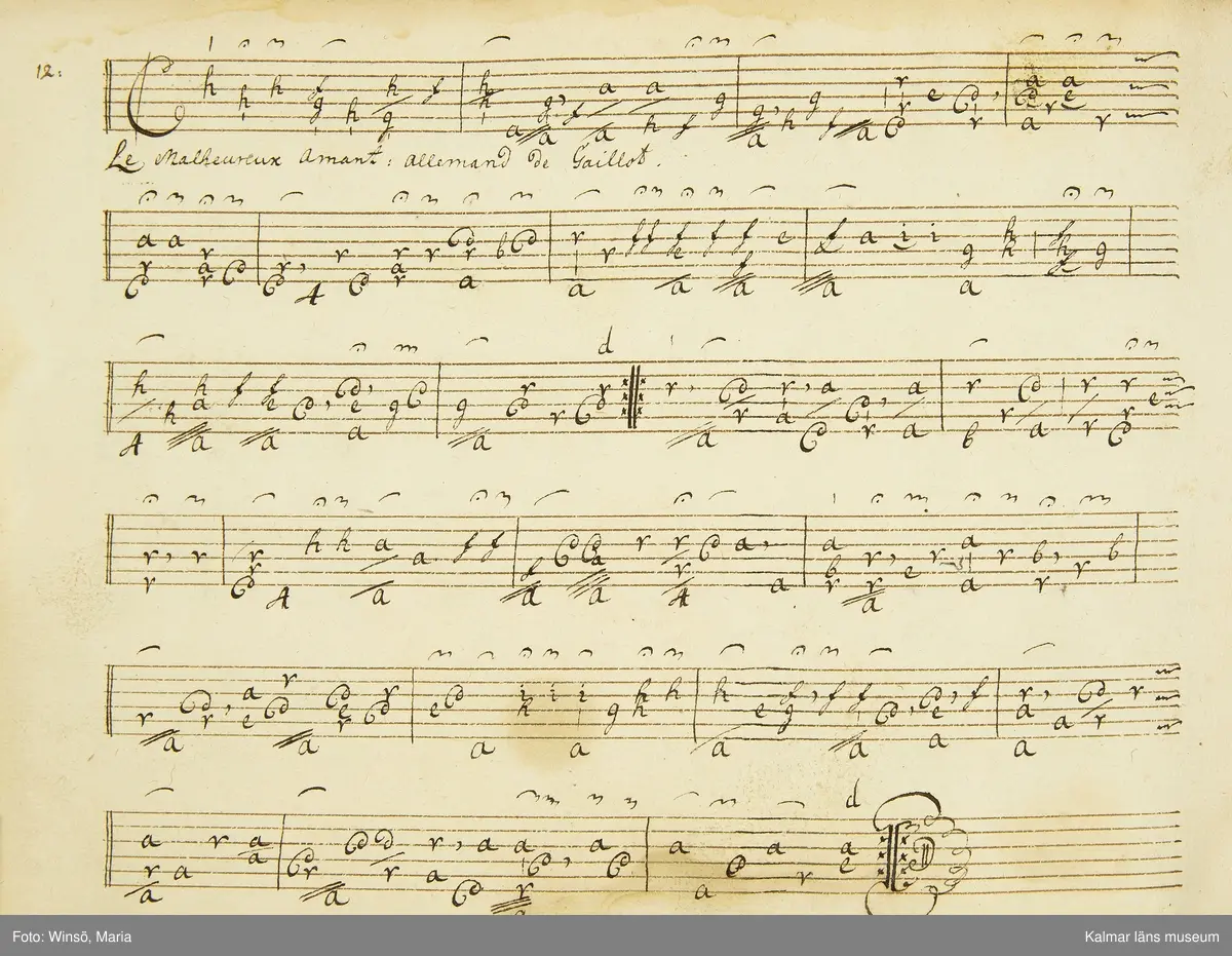 KLM 21068. Notbok, handskrift. 34 blad (68 sidor). Tvärformat. Brunt helt skinnband med präglad gulddekor på ryggen. På pärmens insida en namnteckning: O:F:Stålhammar, samt påklistrad reklametikett i kopparstick för pappershandlare Maingueneau i Paris 1697. På försättsbladet stämplat i svart med Stålhammarska vapnet. 

Handskriften påbörjad från bokens båda sidor. Den första delen består av tabulaturer för barockluta (bild 8-30 illustrerar denna del av boken). På försättsbladet till andra delen av boken: A la Viole de Gambe samt Otto Fried Stålhammar (bild 31 och framåt illustrerar denna delen av boken).