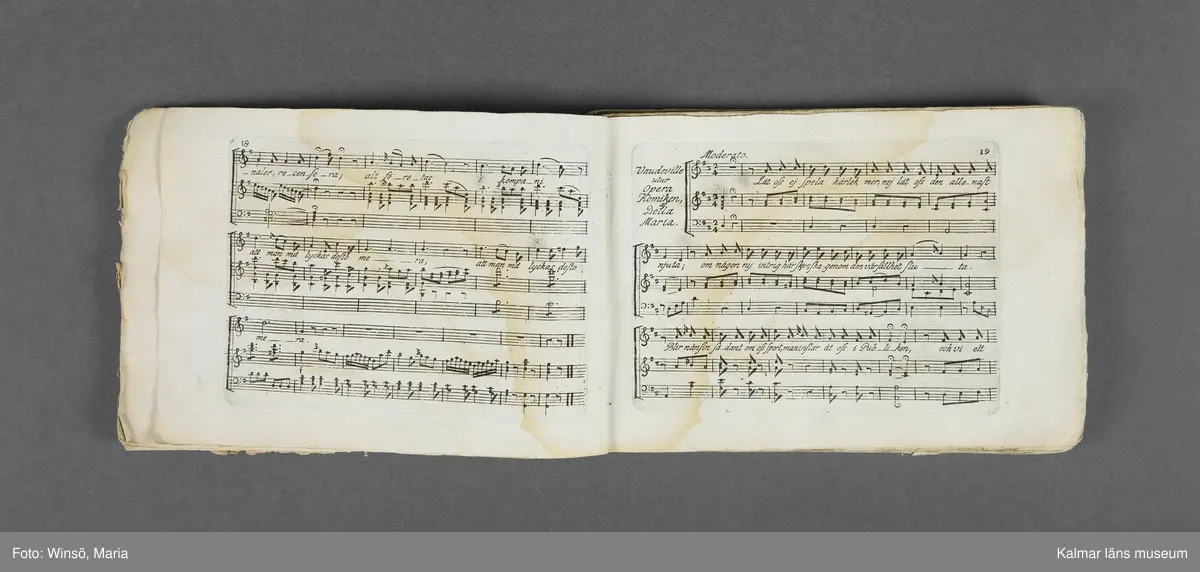 KLM 21069:1. Notbok, tryck. Av papper. På omslaget: Musikaliskt Tidsfördrif för år 1802. Stockholm och Kongl. Priviligierade Not-Tryckeriet. Tvärformat. Sidor 77-80 saknas. Kompositioner av bl.a. Naumann, Della-Maria, Åhlström.