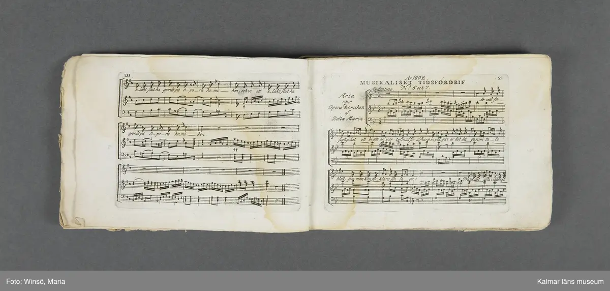 KLM 21069:1. Notbok, tryck. Av papper. På omslaget: Musikaliskt Tidsfördrif för år 1802. Stockholm och Kongl. Priviligierade Not-Tryckeriet. Tvärformat. Sidor 77-80 saknas. Kompositioner av bl.a. Naumann, Della-Maria, Åhlström.