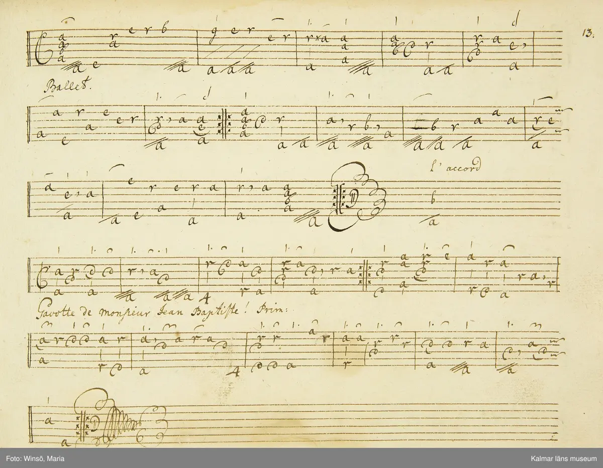 KLM 21068. Notbok, handskrift. 34 blad (68 sidor). Tvärformat. Brunt helt skinnband med präglad gulddekor på ryggen. På pärmens insida en namnteckning: O:F:Stålhammar, samt påklistrad reklametikett i kopparstick för pappershandlare Maingueneau i Paris 1697. På försättsbladet stämplat i svart med Stålhammarska vapnet. 

Handskriften påbörjad från bokens båda sidor. Den första delen består av tabulaturer för barockluta (bild 8-30 illustrerar denna del av boken). På försättsbladet till andra delen av boken: A la Viole de Gambe samt Otto Fried Stålhammar (bild 31 och framåt illustrerar denna delen av boken).