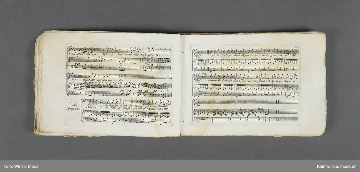 KLM 21069:1. Notbok, tryck. Av papper. På omslaget: Musikaliskt Tidsfördrif för år 1802. Stockholm och Kongl. Priviligierade Not-Tryckeriet. Tvärformat. Sidor 77-80 saknas. Kompositioner av bl.a. Naumann, Della-Maria, Åhlström.
