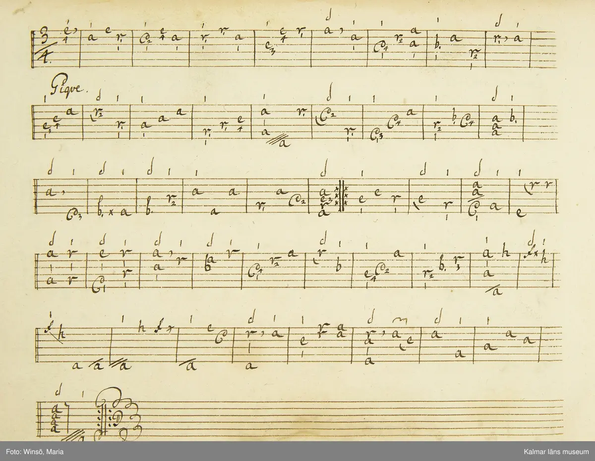 KLM 21068. Notbok, handskrift. 34 blad (68 sidor). Tvärformat. Brunt helt skinnband med präglad gulddekor på ryggen. På pärmens insida en namnteckning: O:F:Stålhammar, samt påklistrad reklametikett i kopparstick för pappershandlare Maingueneau i Paris 1697. På försättsbladet stämplat i svart med Stålhammarska vapnet. 

Handskriften påbörjad från bokens båda sidor. Den första delen består av tabulaturer för barockluta (bild 8-30 illustrerar denna del av boken). På försättsbladet till andra delen av boken: A la Viole de Gambe samt Otto Fried Stålhammar (bild 31 och framåt illustrerar denna delen av boken).