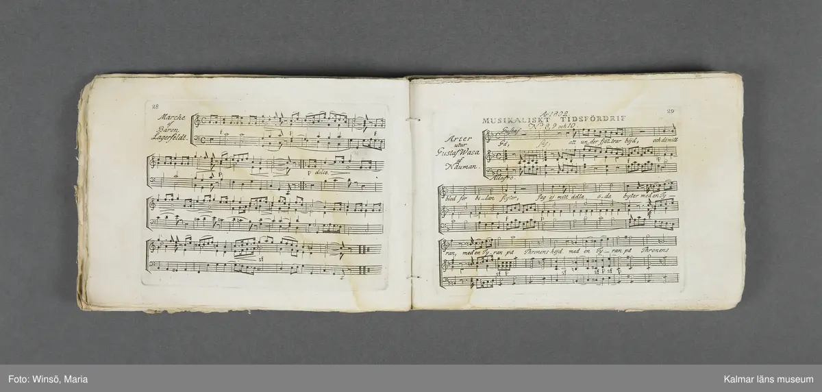 KLM 21069:1. Notbok, tryck. Av papper. På omslaget: Musikaliskt Tidsfördrif för år 1802. Stockholm och Kongl. Priviligierade Not-Tryckeriet. Tvärformat. Sidor 77-80 saknas. Kompositioner av bl.a. Naumann, Della-Maria, Åhlström.
