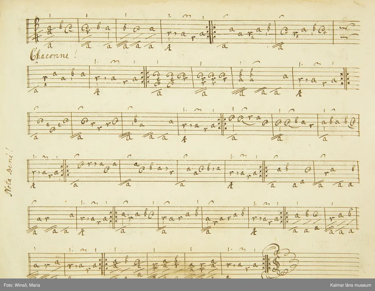 KLM 21068. Notbok, handskrift. 34 blad (68 sidor). Tvärformat. Brunt helt skinnband med präglad gulddekor på ryggen. På pärmens insida en namnteckning: O:F:Stålhammar, samt påklistrad reklametikett i kopparstick för pappershandlare Maingueneau i Paris 1697. På försättsbladet stämplat i svart med Stålhammarska vapnet. 

Handskriften påbörjad från bokens båda sidor. Den första delen består av tabulaturer för barockluta (bild 8-30 illustrerar denna del av boken). På försättsbladet till andra delen av boken: A la Viole de Gambe samt Otto Fried Stålhammar (bild 31 och framåt illustrerar denna delen av boken).