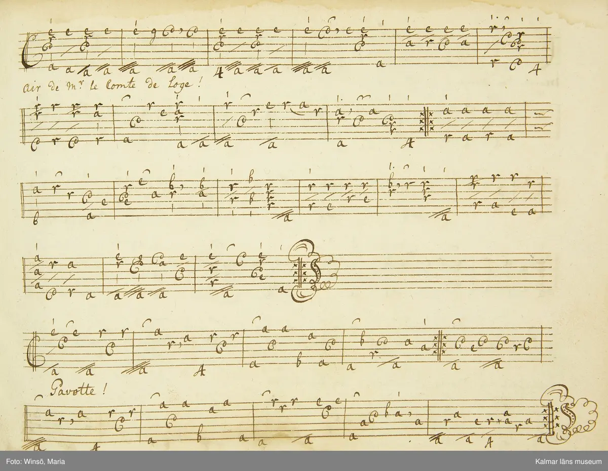 KLM 21068. Notbok, handskrift. 34 blad (68 sidor). Tvärformat. Brunt helt skinnband med präglad gulddekor på ryggen. På pärmens insida en namnteckning: O:F:Stålhammar, samt påklistrad reklametikett i kopparstick för pappershandlare Maingueneau i Paris 1697. På försättsbladet stämplat i svart med Stålhammarska vapnet. 

Handskriften påbörjad från bokens båda sidor. Den första delen består av tabulaturer för barockluta (bild 8-30 illustrerar denna del av boken). På försättsbladet till andra delen av boken: A la Viole de Gambe samt Otto Fried Stålhammar (bild 31 och framåt illustrerar denna delen av boken).