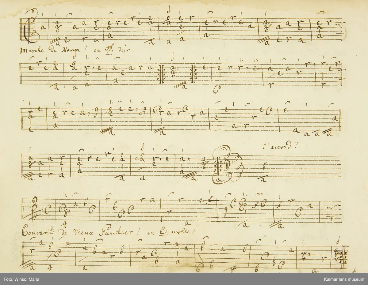 KLM 21068. Notbok, handskrift. 34 blad (68 sidor). Tvärformat. Brunt helt skinnband med präglad gulddekor på ryggen. På pärmens insida en namnteckning: O:F:Stålhammar, samt påklistrad reklametikett i kopparstick för pappershandlare Maingueneau i Paris 1697. På försättsbladet stämplat i svart med Stålhammarska vapnet. 

Handskriften påbörjad från bokens båda sidor. Den första delen består av tabulaturer för barockluta (bild 8-30 illustrerar denna del av boken). På försättsbladet till andra delen av boken: A la Viole de Gambe samt Otto Fried Stålhammar (bild 31 och framåt illustrerar denna delen av boken).