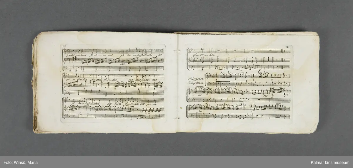 KLM 21069:1. Notbok, tryck. Av papper. På omslaget: Musikaliskt Tidsfördrif för år 1802. Stockholm och Kongl. Priviligierade Not-Tryckeriet. Tvärformat. Sidor 77-80 saknas. Kompositioner av bl.a. Naumann, Della-Maria, Åhlström.