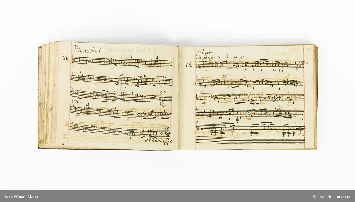 KLM 21071. Notbok, handskrift. Tvärformat. Helt skinnband med marmorering samt guldpräglade dekorelement. På pärmens framsida: VIOLINO PRIMO. På försättsbladet: I:N:J:C. samt Adam Lorentz Stålhammar ao 1773. Därefter handskrivna kompositioner, menuetter.
