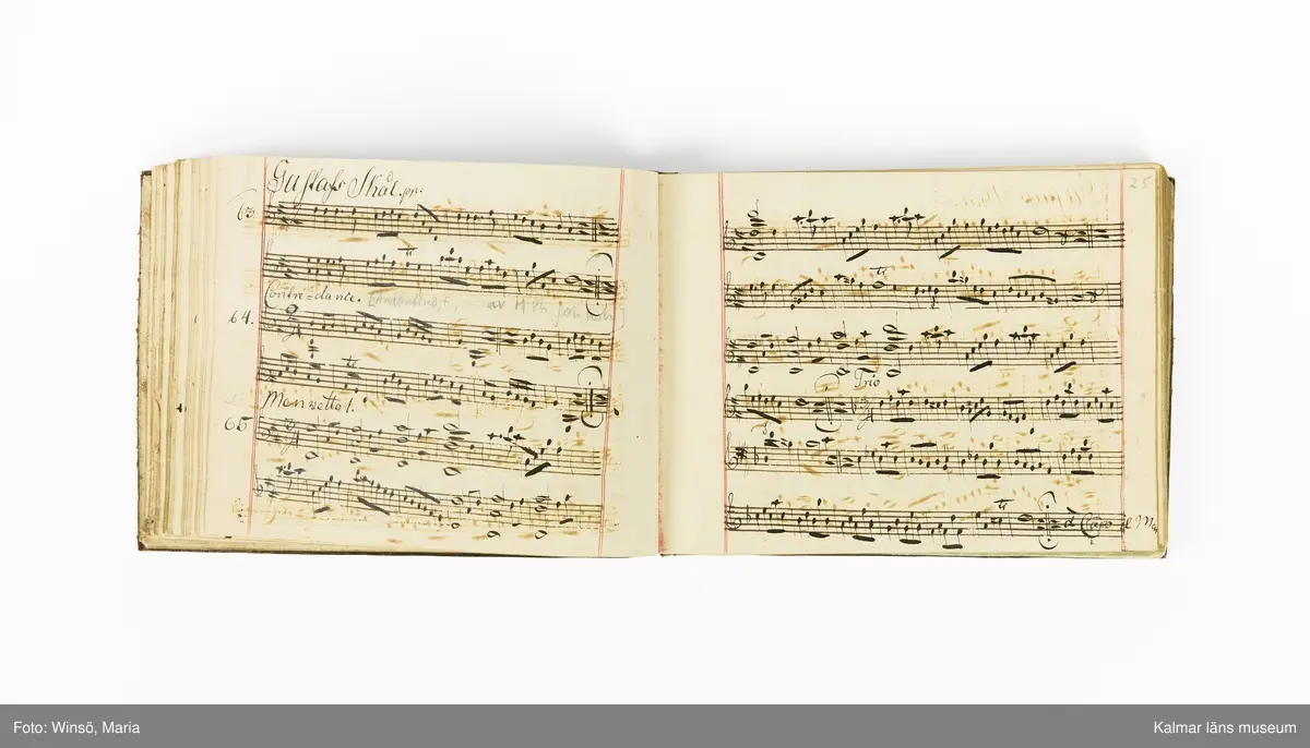 KLM 21071. Notbok, handskrift. Tvärformat. Helt skinnband med marmorering samt guldpräglade dekorelement. På pärmens framsida: VIOLINO PRIMO. På försättsbladet: I:N:J:C. samt Adam Lorentz Stålhammar ao 1773. Därefter handskrivna kompositioner, menuetter.