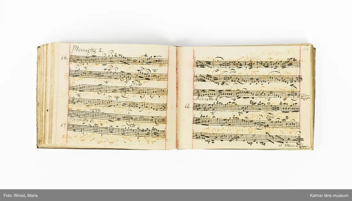 KLM 21071. Notbok, handskrift. Tvärformat. Helt skinnband med marmorering samt guldpräglade dekorelement. På pärmens framsida: VIOLINO PRIMO. På försättsbladet: I:N:J:C. samt Adam Lorentz Stålhammar ao 1773. Därefter handskrivna kompositioner, menuetter.