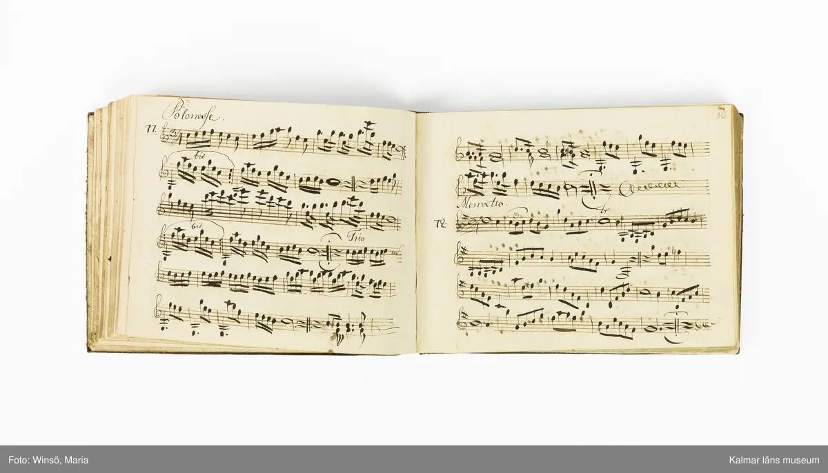 KLM 21071. Notbok, handskrift. Tvärformat. Helt skinnband med marmorering samt guldpräglade dekorelement. På pärmens framsida: VIOLINO PRIMO. På försättsbladet: I:N:J:C. samt Adam Lorentz Stålhammar ao 1773. Därefter handskrivna kompositioner, menuetter.
