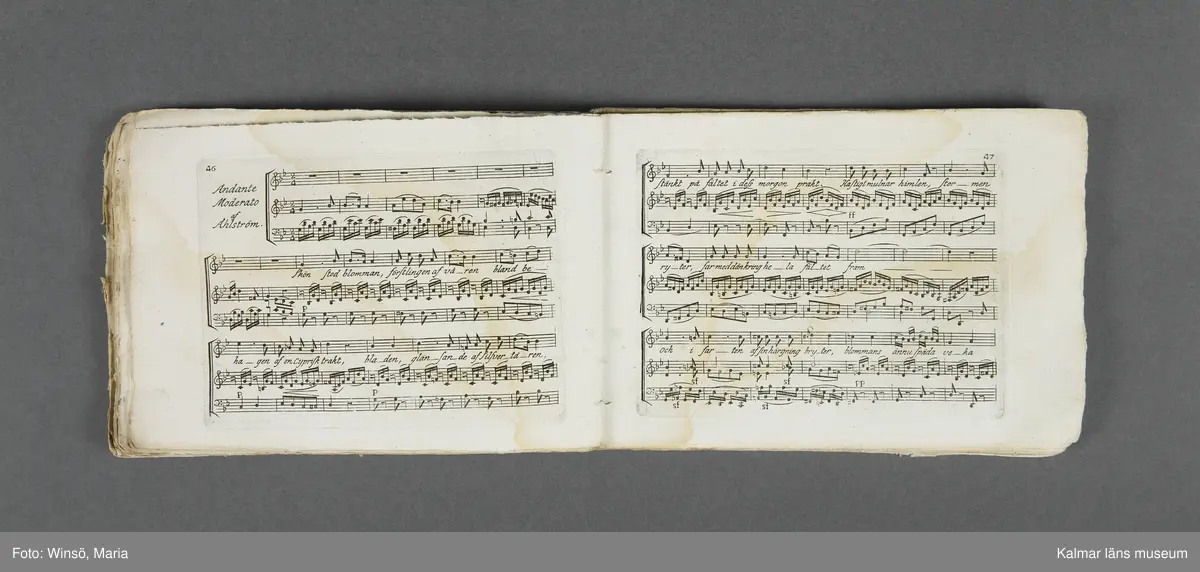 KLM 21069:1. Notbok, tryck. Av papper. På omslaget: Musikaliskt Tidsfördrif för år 1802. Stockholm och Kongl. Priviligierade Not-Tryckeriet. Tvärformat. Sidor 77-80 saknas. Kompositioner av bl.a. Naumann, Della-Maria, Åhlström.
