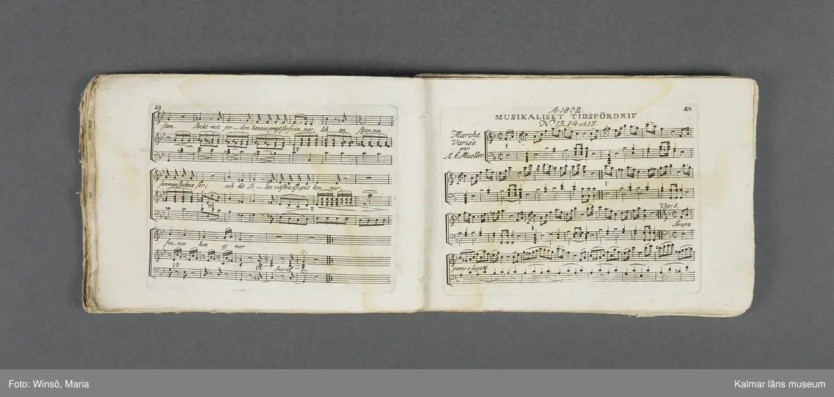 KLM 21069:1. Notbok, tryck. Av papper. På omslaget: Musikaliskt Tidsfördrif för år 1802. Stockholm och Kongl. Priviligierade Not-Tryckeriet. Tvärformat. Sidor 77-80 saknas. Kompositioner av bl.a. Naumann, Della-Maria, Åhlström.
