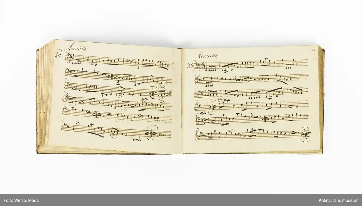 KLM 21071. Notbok, handskrift. Tvärformat. Helt skinnband med marmorering samt guldpräglade dekorelement. På pärmens framsida: VIOLINO PRIMO. På försättsbladet: I:N:J:C. samt Adam Lorentz Stålhammar ao 1773. Därefter handskrivna kompositioner, menuetter.