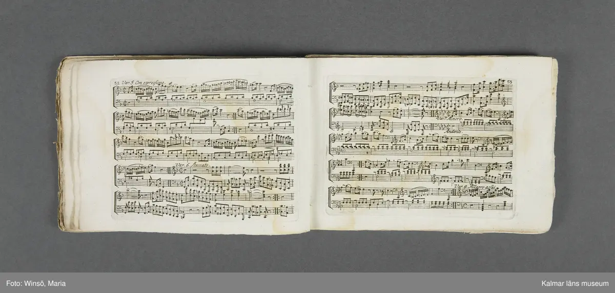 KLM 21069:1. Notbok, tryck. Av papper. På omslaget: Musikaliskt Tidsfördrif för år 1802. Stockholm och Kongl. Priviligierade Not-Tryckeriet. Tvärformat. Sidor 77-80 saknas. Kompositioner av bl.a. Naumann, Della-Maria, Åhlström.