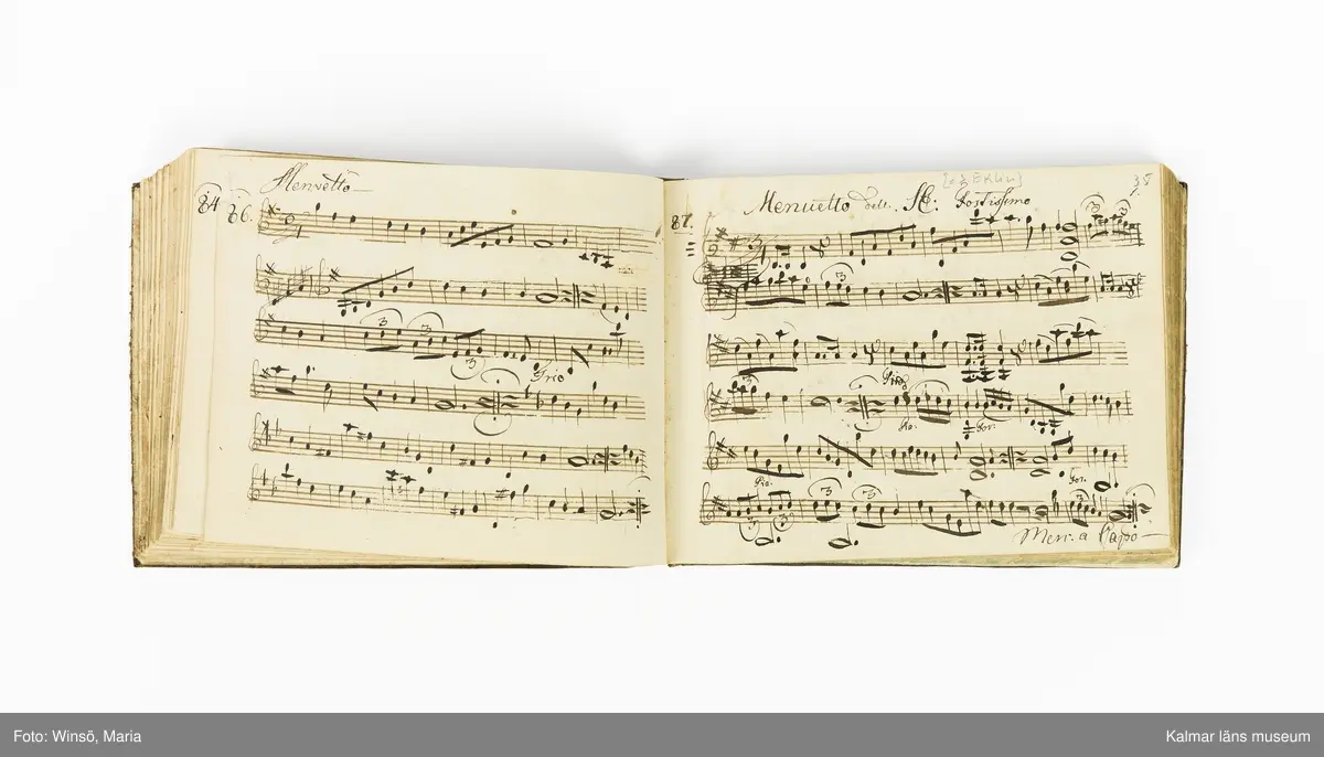 KLM 21071. Notbok, handskrift. Tvärformat. Helt skinnband med marmorering samt guldpräglade dekorelement. På pärmens framsida: VIOLINO PRIMO. På försättsbladet: I:N:J:C. samt Adam Lorentz Stålhammar ao 1773. Därefter handskrivna kompositioner, menuetter.