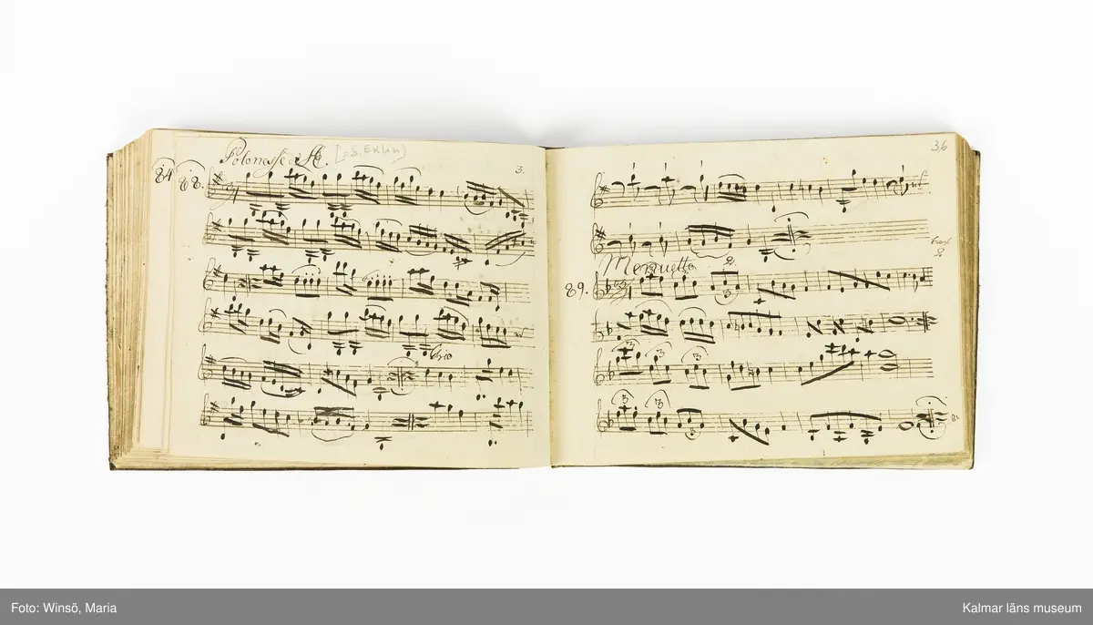 KLM 21071. Notbok, handskrift. Tvärformat. Helt skinnband med marmorering samt guldpräglade dekorelement. På pärmens framsida: VIOLINO PRIMO. På försättsbladet: I:N:J:C. samt Adam Lorentz Stålhammar ao 1773. Därefter handskrivna kompositioner, menuetter.